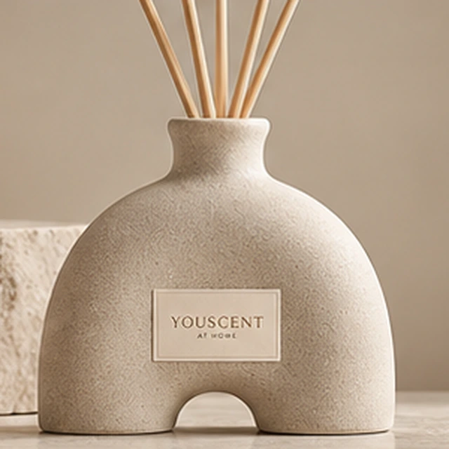 The Arch reed diffuser, sculptural curves. a warm stone finish. Label saying Made yours.