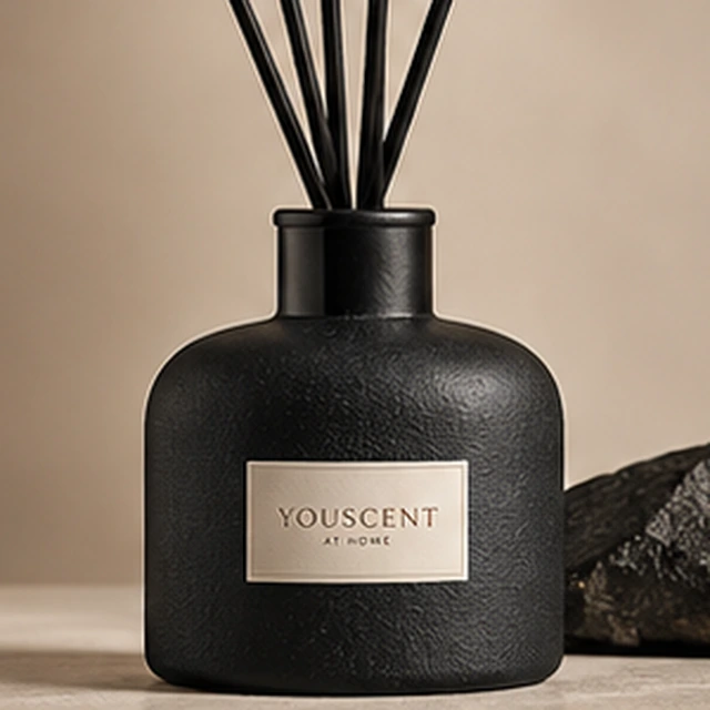 The Noir reed diffuser, textured black. quietly modern. Label saying Made yours.